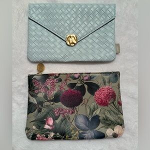 NWOT Set of 2 Mint w/Gold & Floral Makeup/Cosmetic Bags